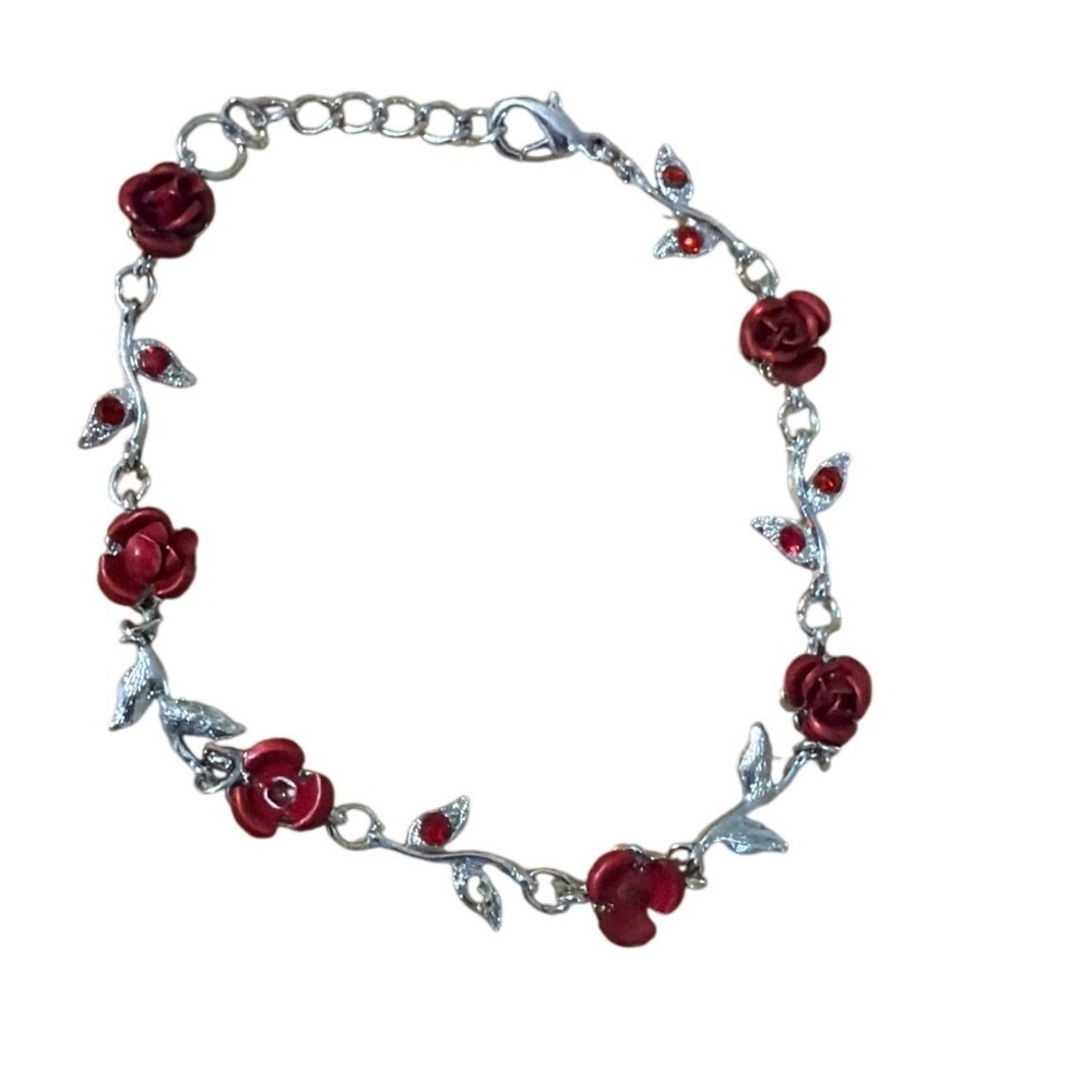Red Rose Silver Tone Vine Link Bracelet Rhinestone Accents  Romantic‎ Goth